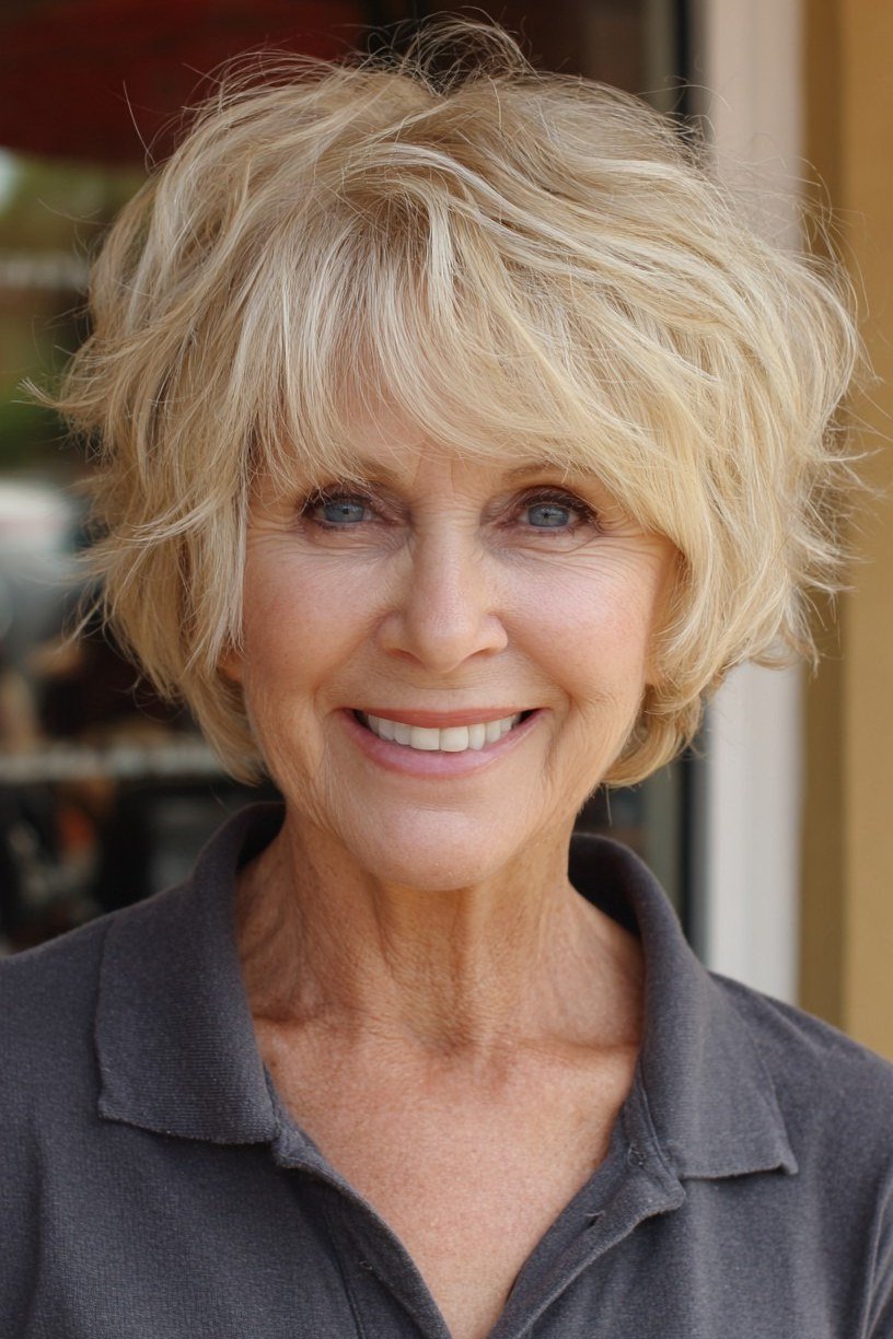Older woman smiling with a bouncy blonde tousled bixie haircut.