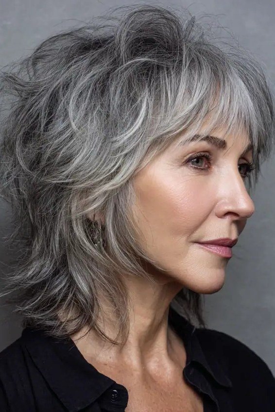 Piecey grey short shaggy bob hairstyle for older women