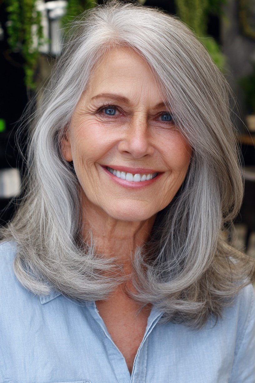 long silver layered hair with side part for women over 60