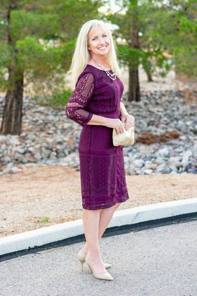 Thanksgiving outfit for women over 50: purple lace dress