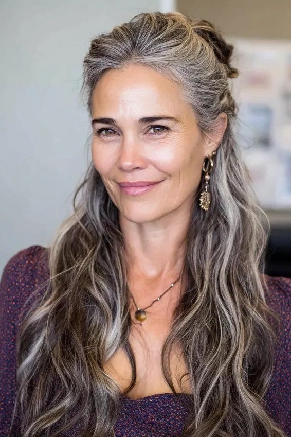 Long silver gray wavy hairstyle for women over 40