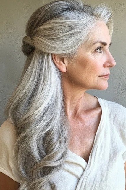 silver half up twist hairstyle for women over 60