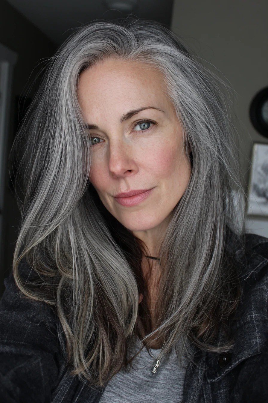 Long straight silver hairstyle for women over 40