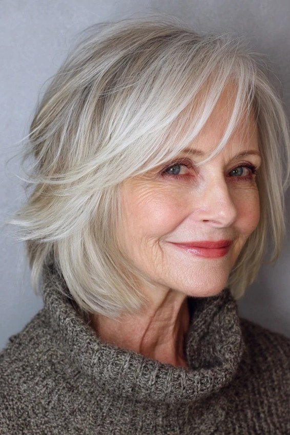 Silver blonde short shaggy bob hairstyle for older women