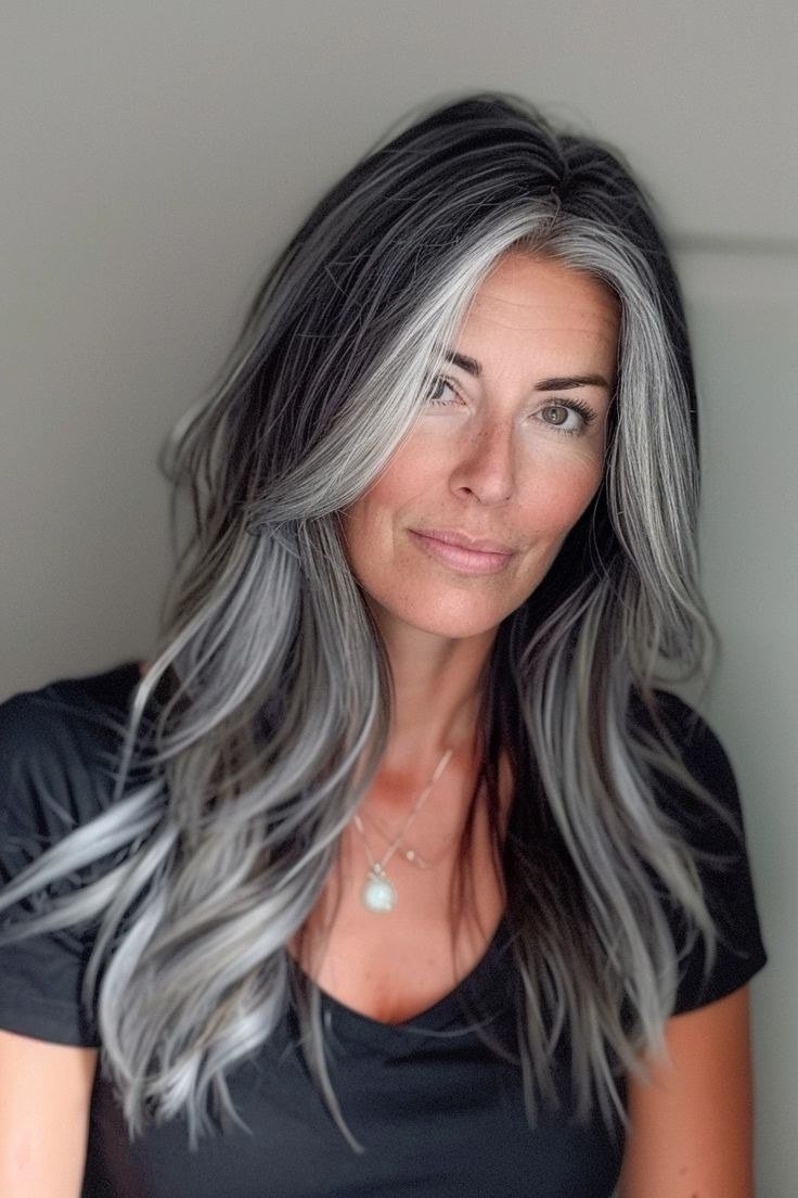 charcoal to silver ombre long hair for women over 60