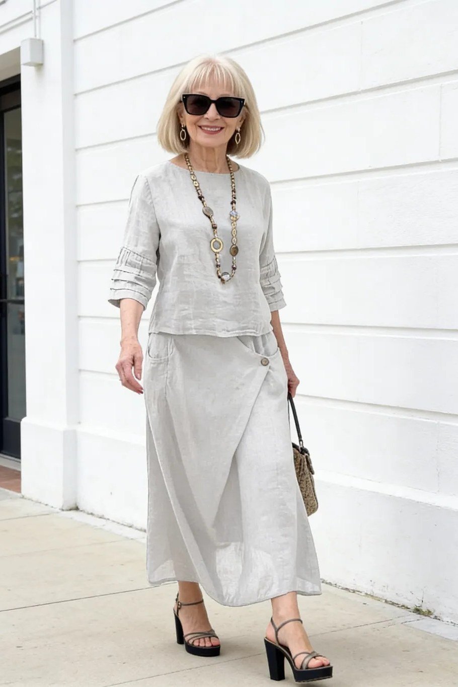 Woman over 50 in a light gray top with gray maxi skirt and long pendant