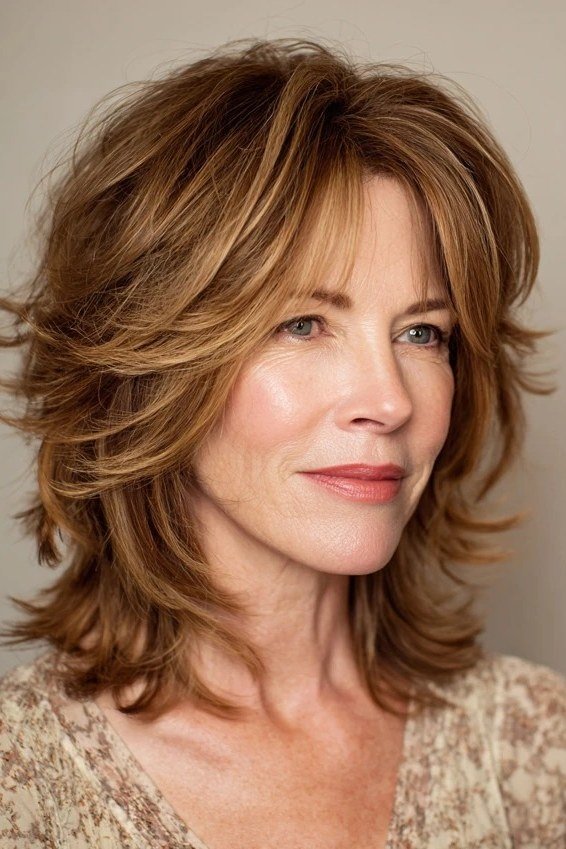 Soft brunette short shaggy bob hairstyle for women over 60