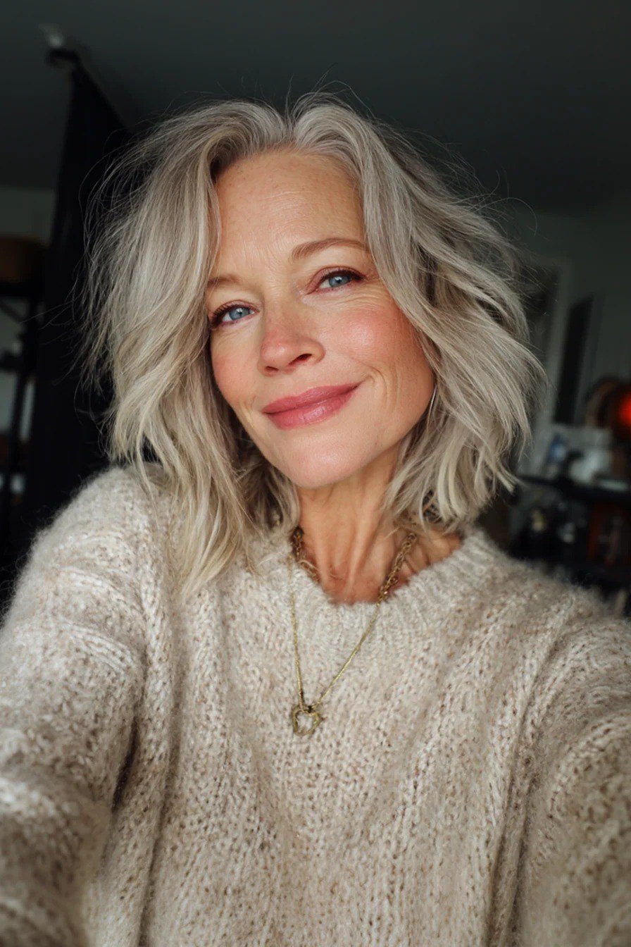 Silver Shoulder Curls in an Olive Jacket for women over 50