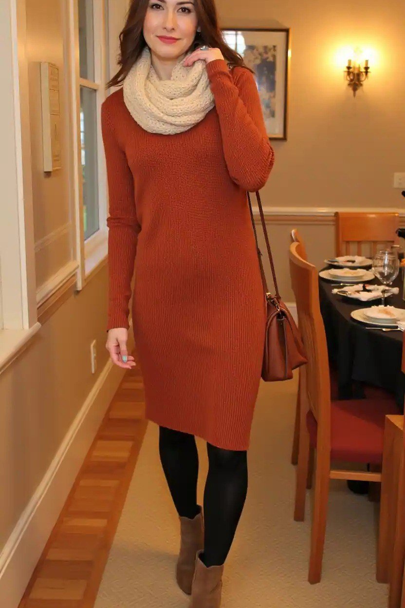 Thanksgiving outfit for women over 50: rust sweater dress with cream scarf