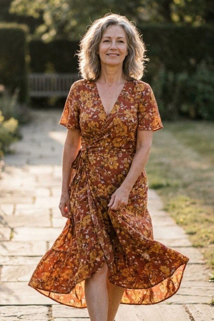 Rust floral wrap dress