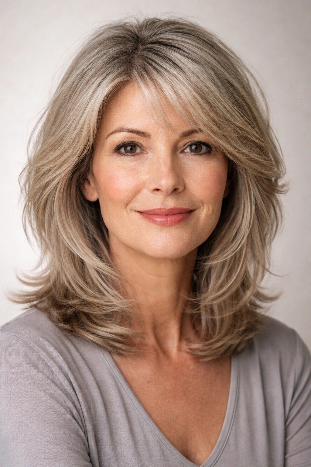Soft layered shoulder-length cut, gray-blonde, side part - hairstyle for women over 40