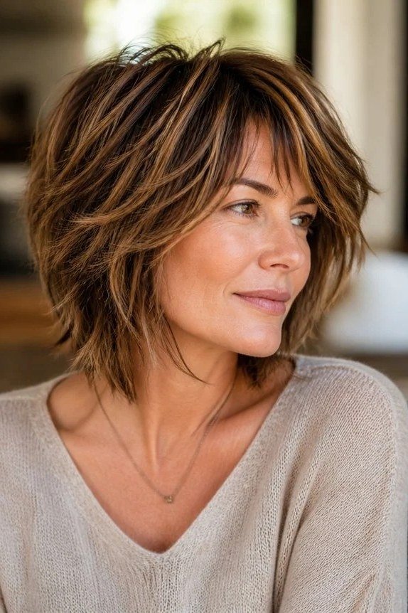 Textured shaggy bob with wispy bangs, warm brown - hairstyle for women over 40