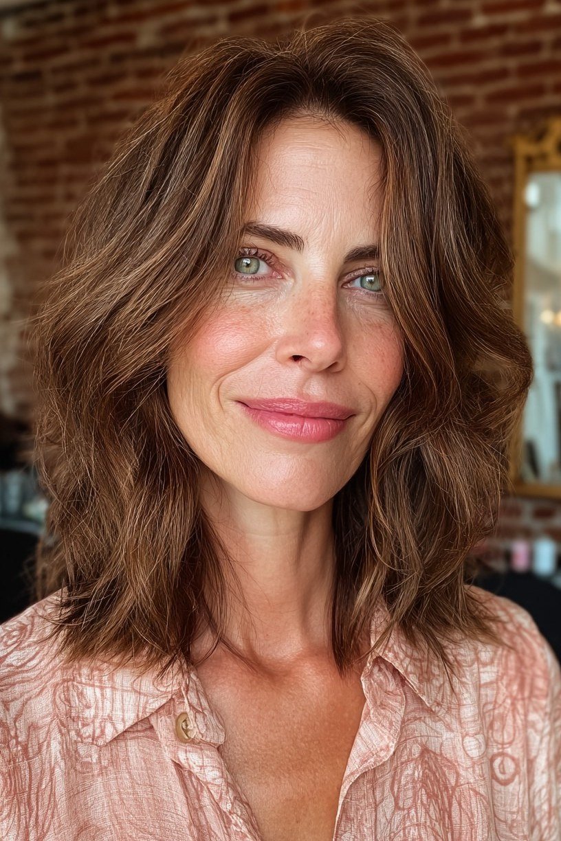 Soft wavy layered brown lob - hairstyle for women over 40