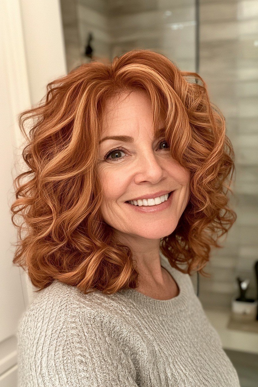 Curly auburn chin-length bob - hairstyle for women over 40