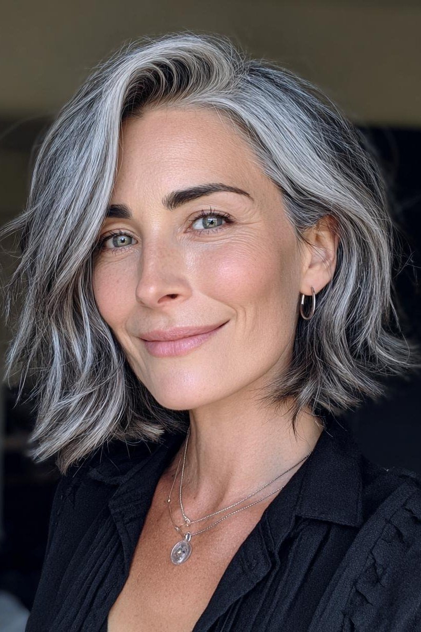 Wavy gray lob - hairstyle for women over 40