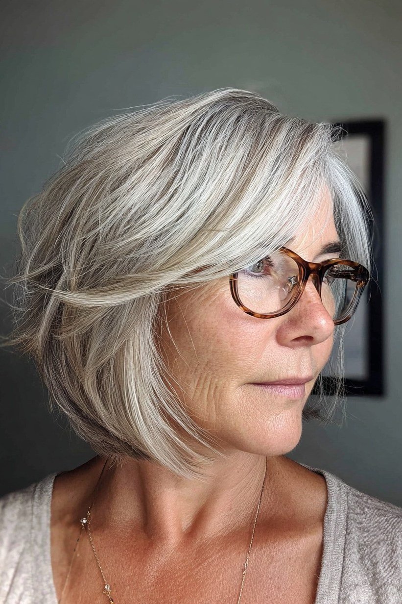 Silver bob with glasses - hairstyle for women over 40