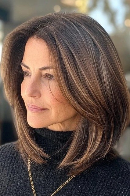 Layered brunette lob - hairstyle for women over 40