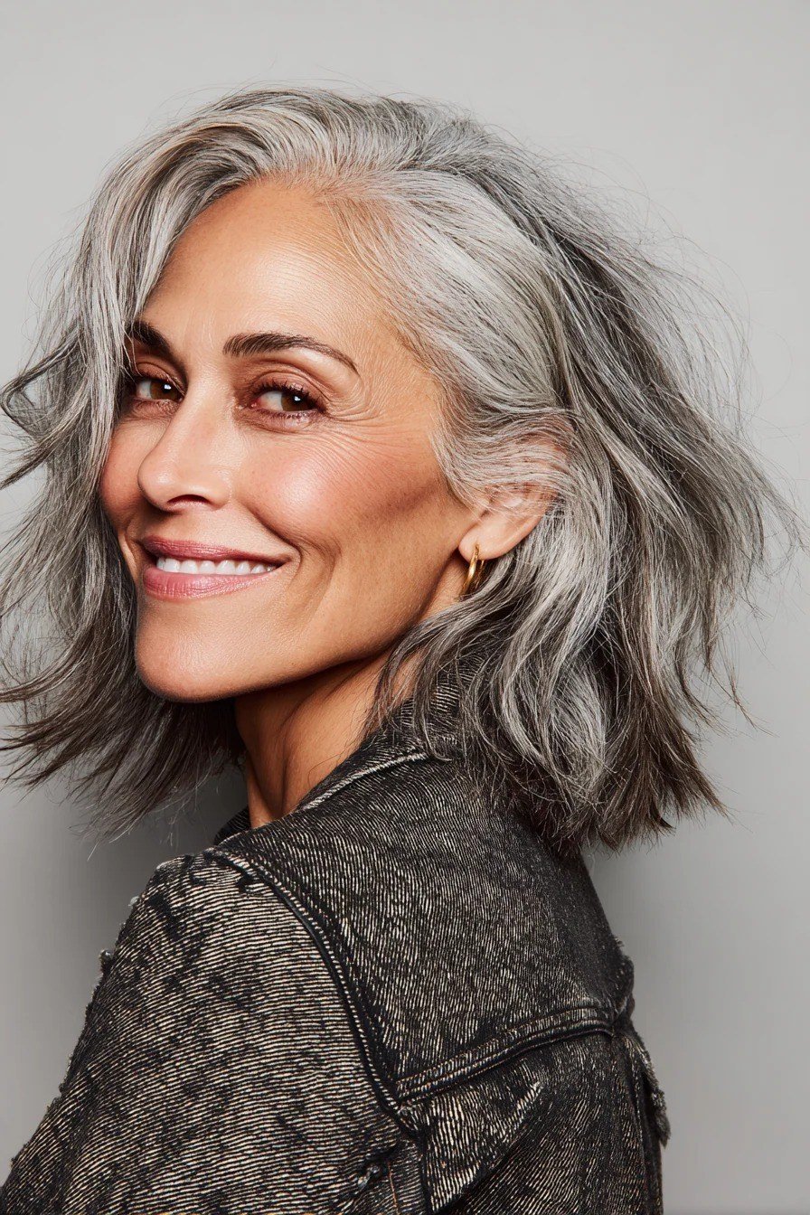 Tousled gray lob - hairstyle for women over 40