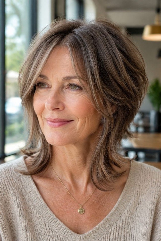 Layered brown lob - hairstyle for women over 40