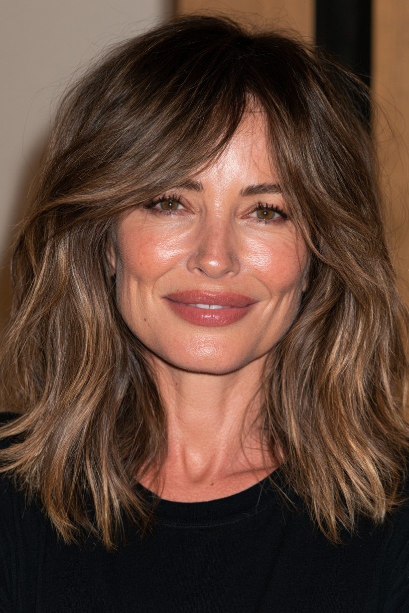 Layered brown lob with bangs - hairstyle for women over 40