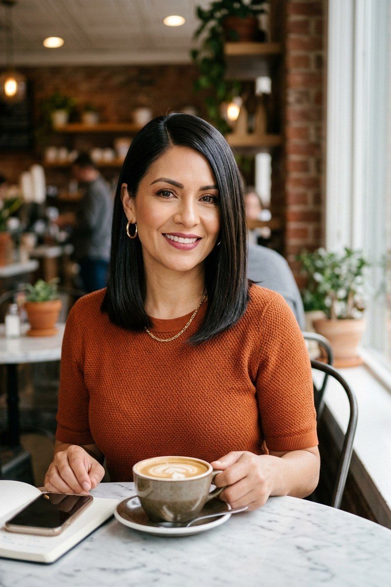 Straight black lob - hairstyle for women over 40