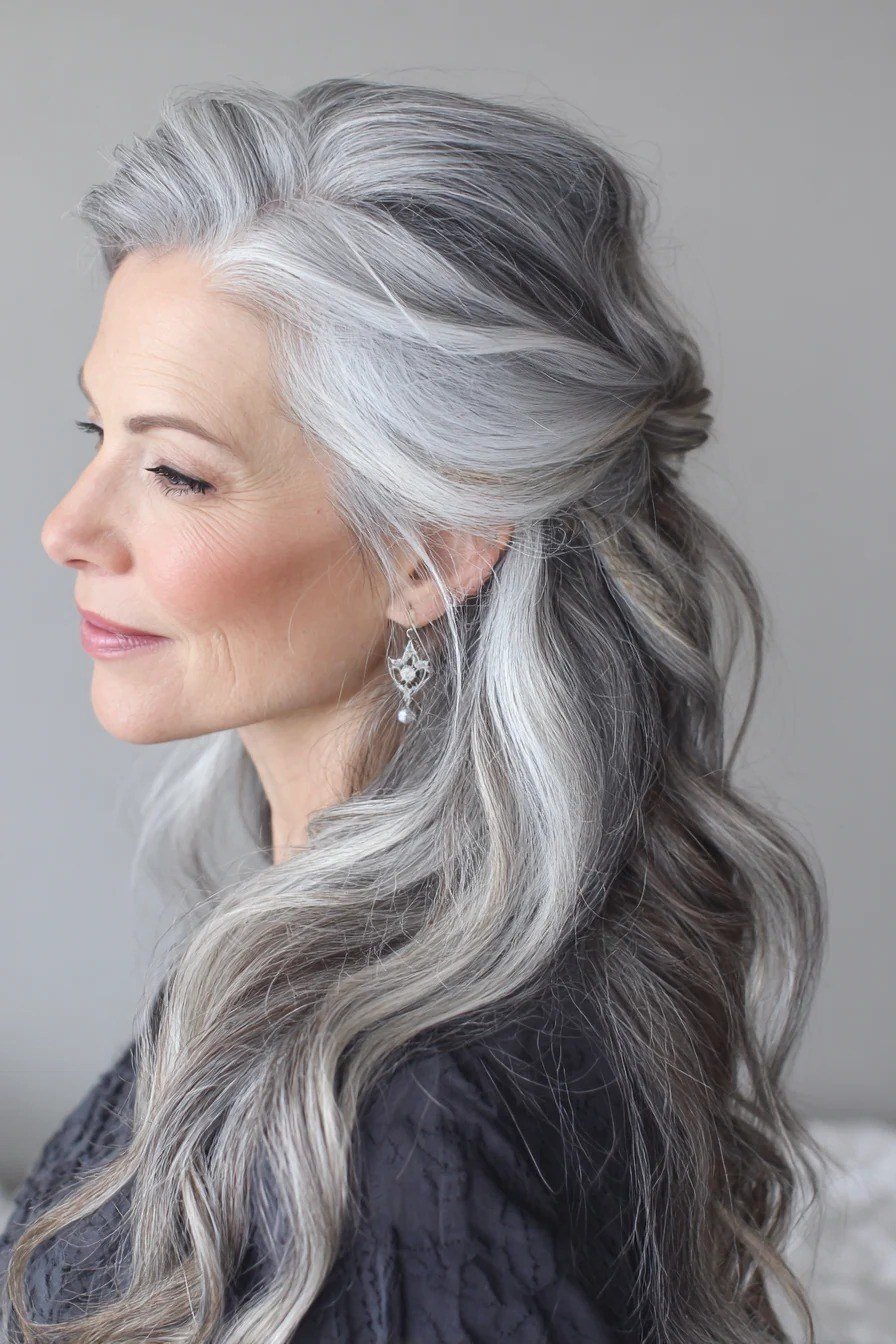 Silver half-up long waves - hairstyle for women over 40