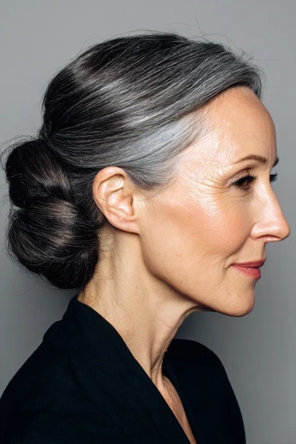 Dark low chignon - hairstyle for women over 40