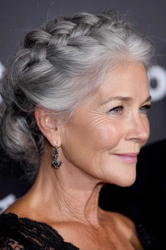 Gray braided updo - hairstyle for women over 40