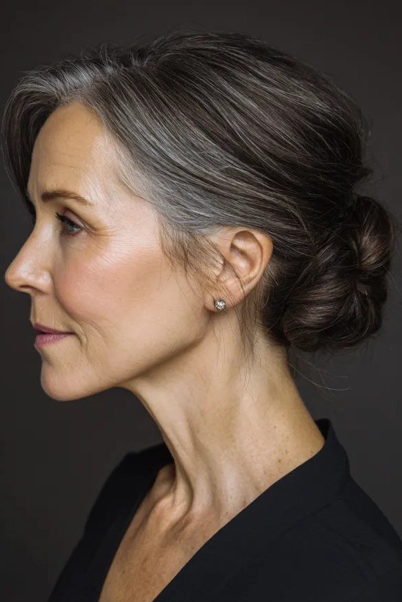 Dark low bun - hairstyle for women over 40