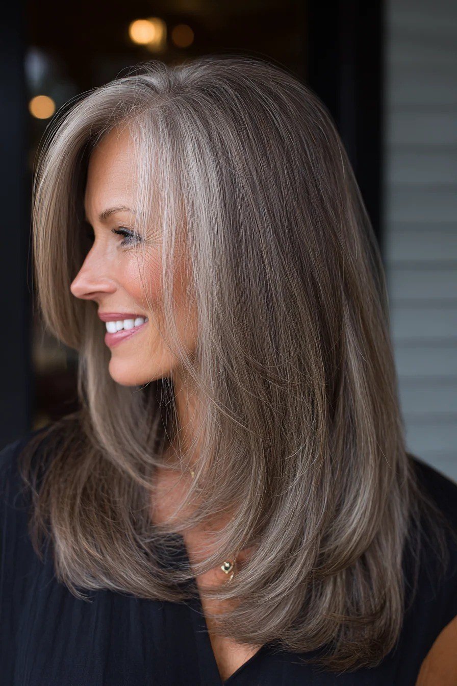 Silver layered straight lob - hairstyle for women over 40