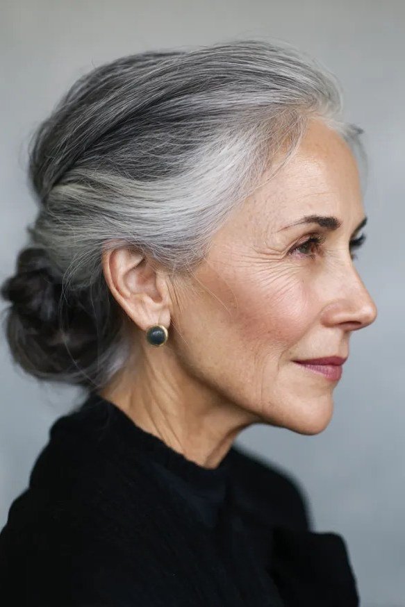 Gray twisted updo - hairstyle for women over 40