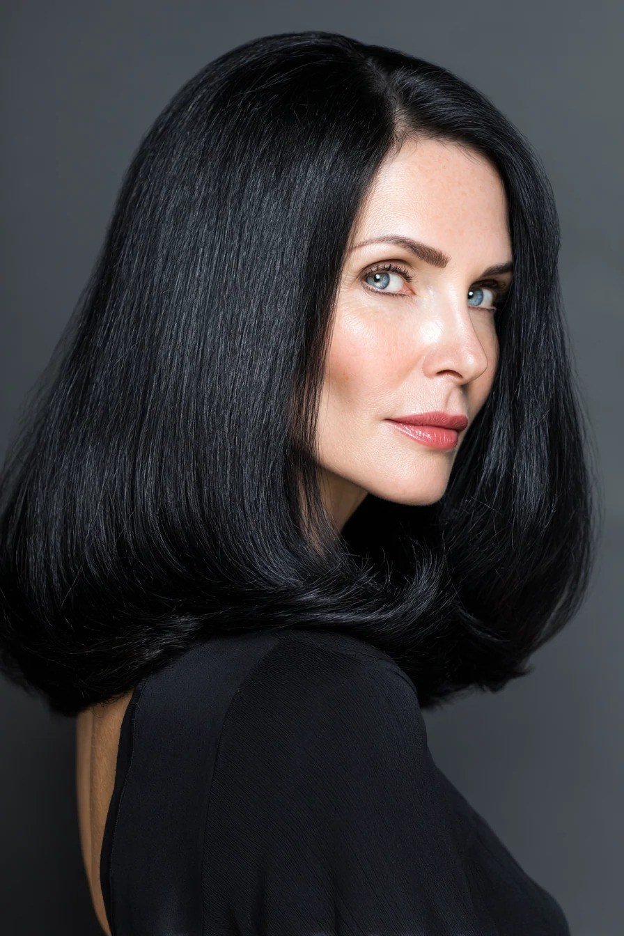 Straight jet-black lob - hairstyle for women over 40
