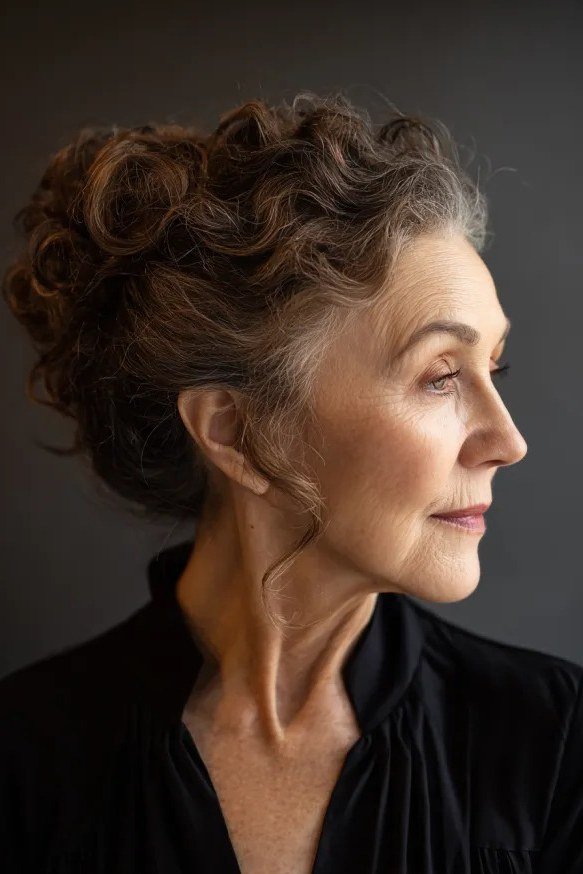 Curly gray updo - hairstyle for women over 40