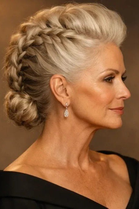 Blonde braided crown updo - hairstyle for women over 40