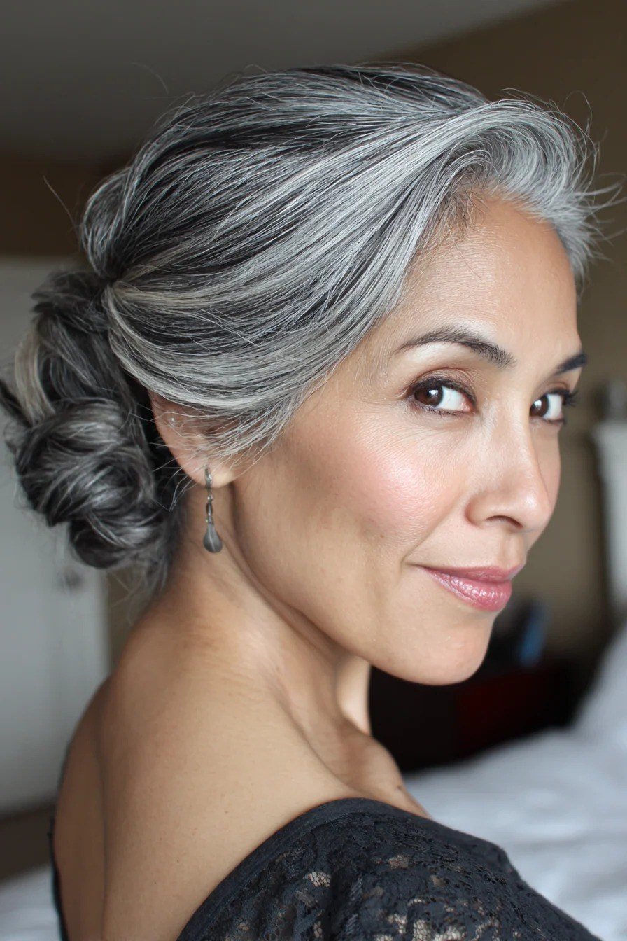 Gray low chignon - hairstyle for women over 40
