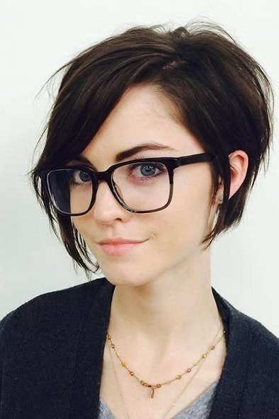 Dark pixie with glasses - hairstyle for women over 40