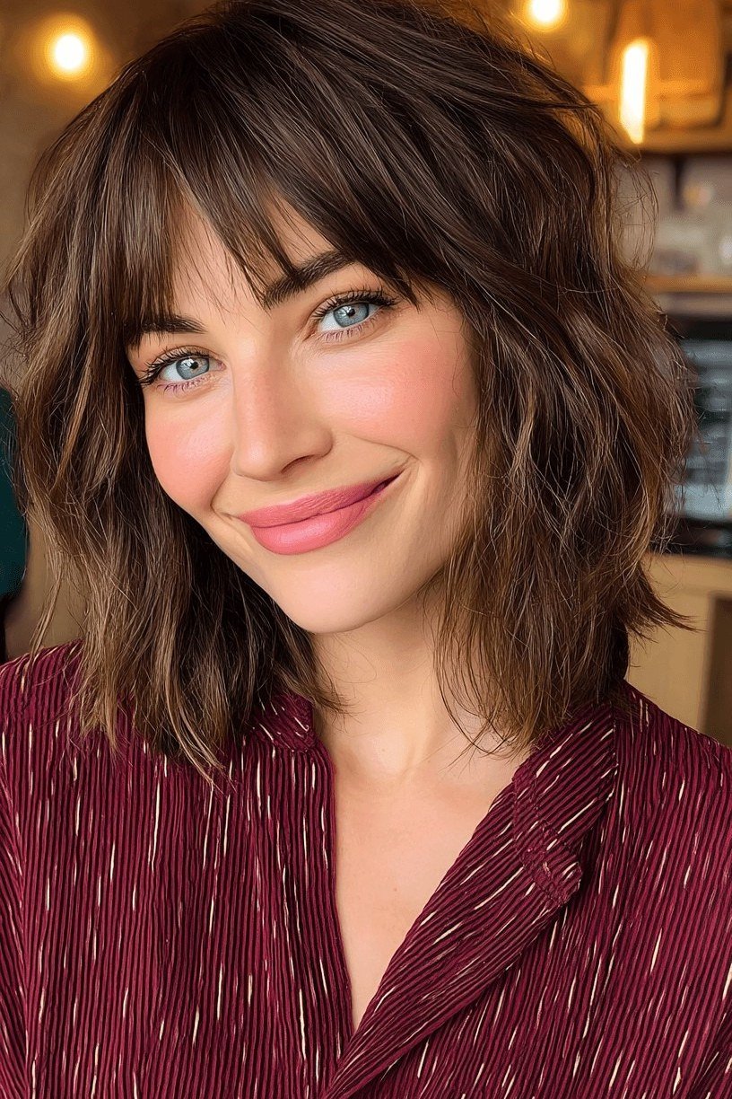 Brown shag with bangs - hairstyle for women over 40