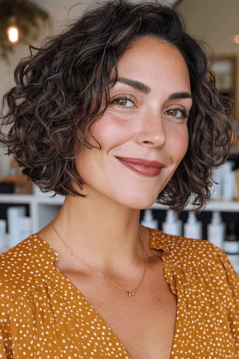 Dark curly chin-length bob - hairstyle for women over 40