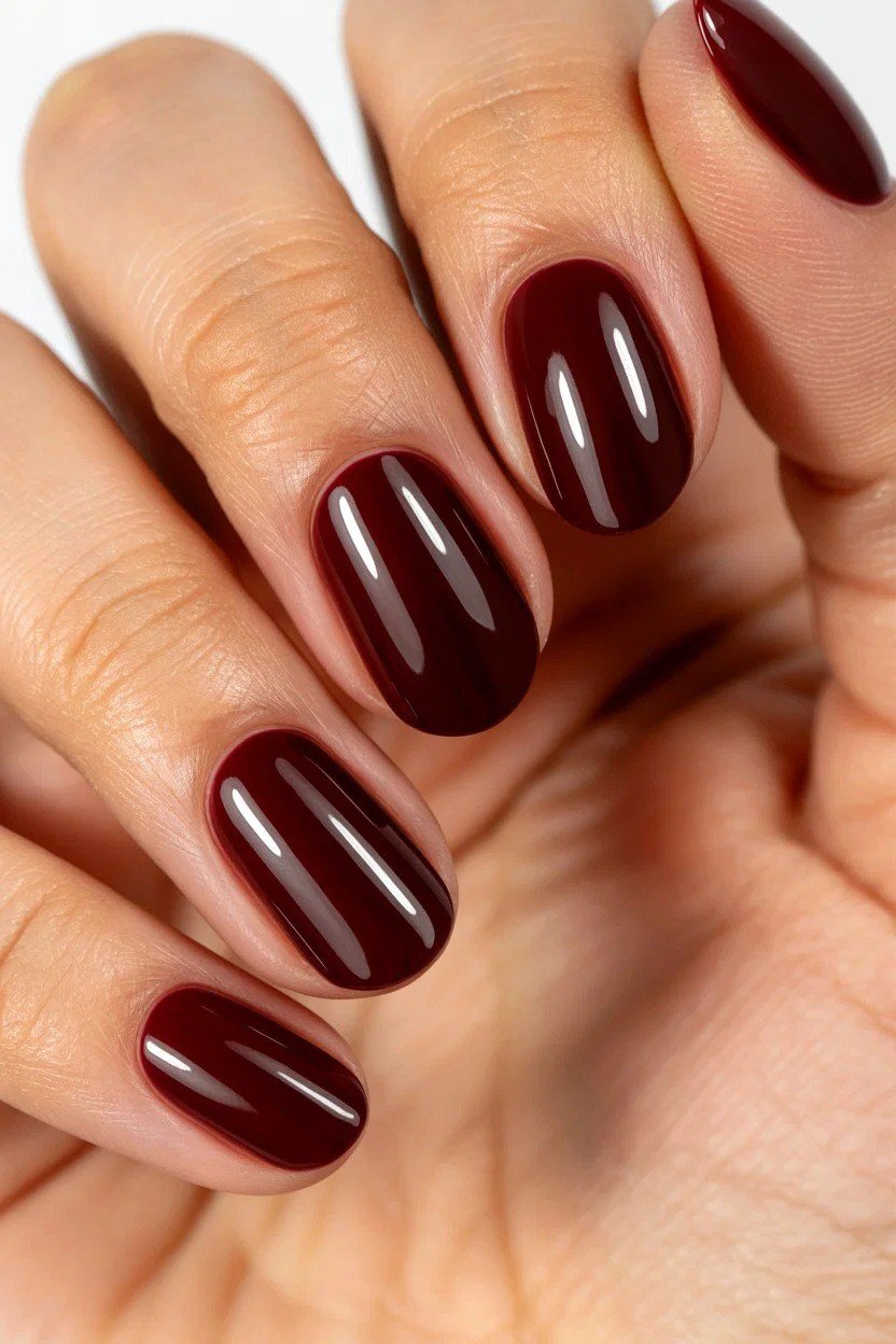 Glossy dark cherry oval nails on mature hands
