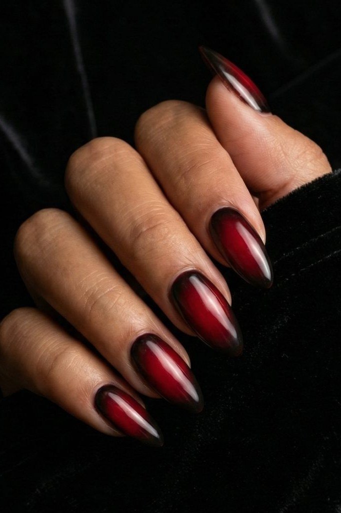 Black to cherry red ombre almond nails