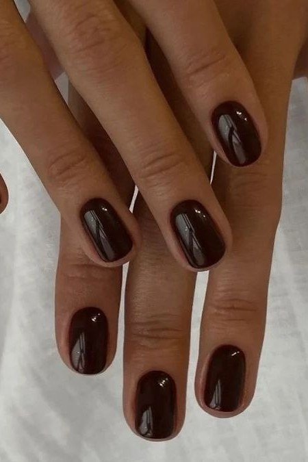 Glossy dark wine squoval nails on mature hands