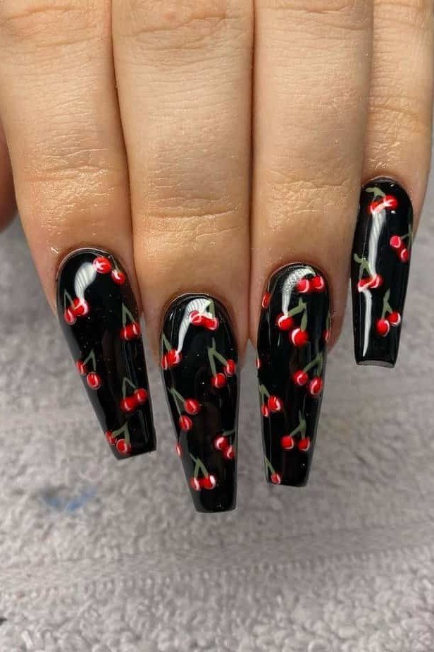 Black coffin nails with tiny red cherry dot art