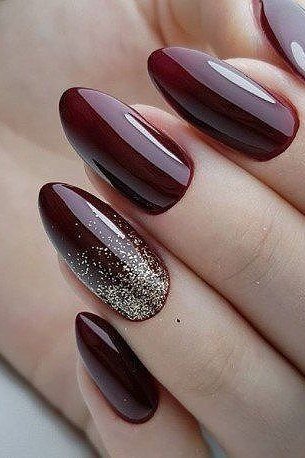 Cherry cola ombre almond nails with glitter accent nail