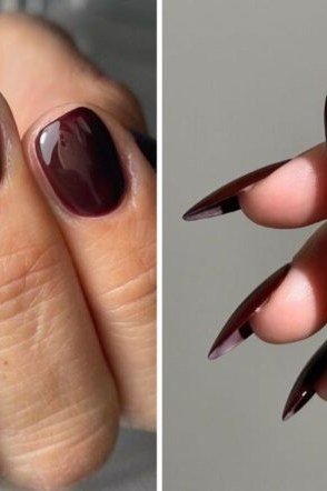 Glossy black cherry stiletto nails