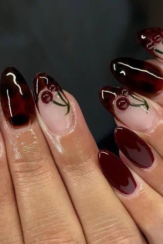 Black cherry almond nails with cherry art accents