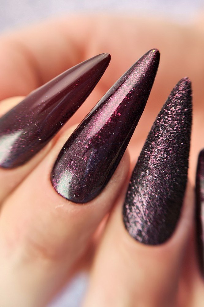 Plum cat eye stiletto nails