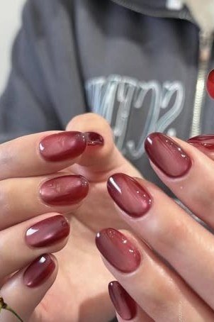Cherry red glossy squoval nails
