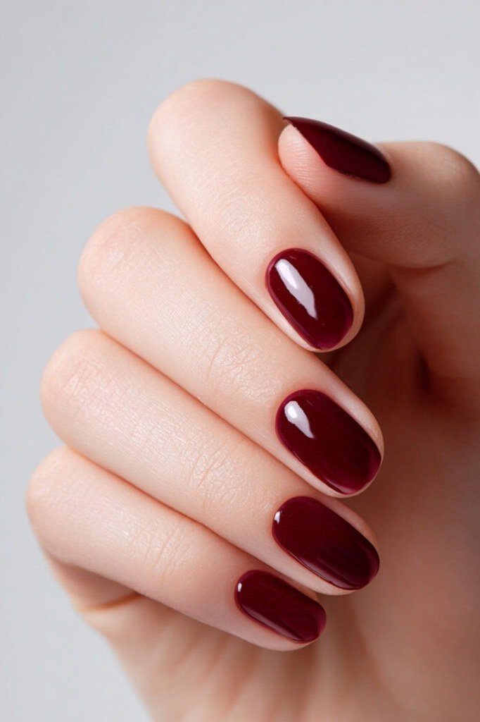 Cherry red jelly squoval nails close up