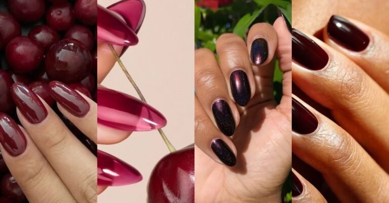 Collage of jammy nail ideas for women over 50: glossy black cherry, cranberry jelly and plum cat eye manicures