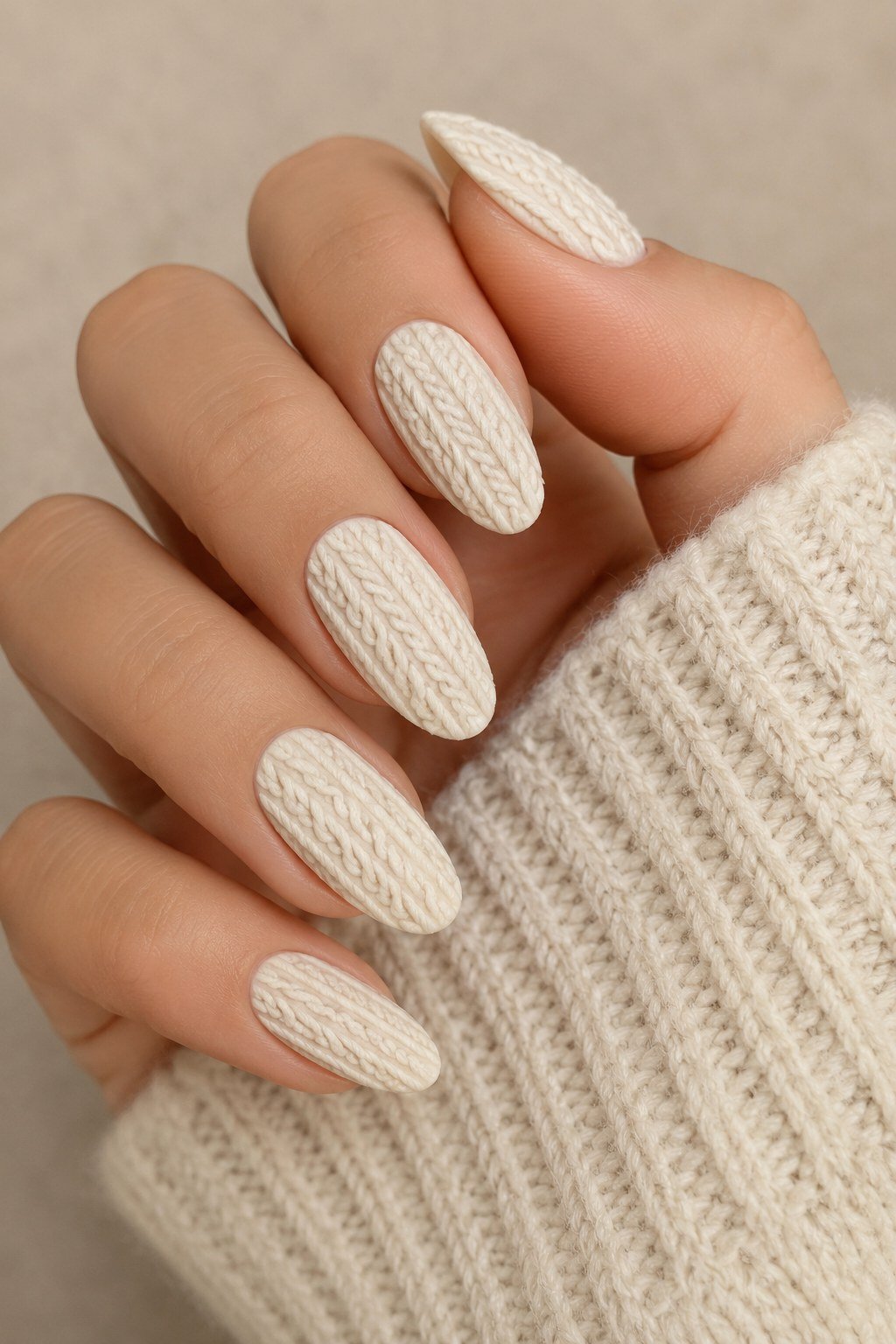 1. Classic White Cable-Knit Nails - cozy knit winter nails for women over 60